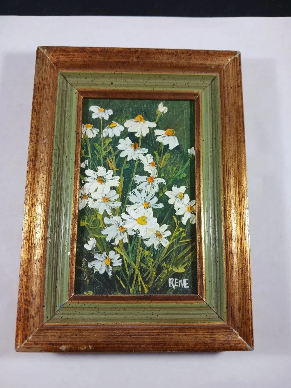 Vintage Oil Painting Daisy By Rene Small Framed Wall Decor